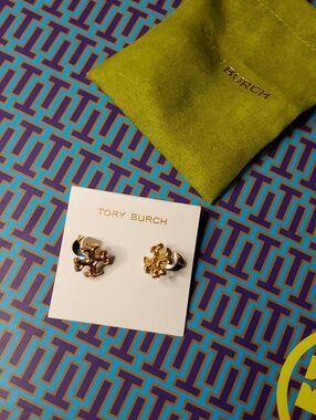 Tory Burch Gold Logo Stud Earrings with Branded Pouch